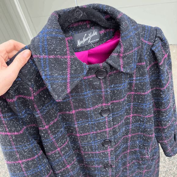 VTG 70s Miss New Yorker Plaid Wool Blend Coat – Hot Pink Lining – S/M - Picture 3 of 10